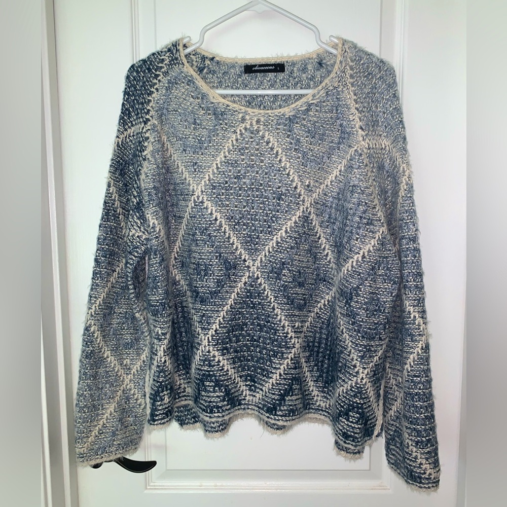 🤍💙Olivaceous Blue White Geometric Knit Sweater - Women’s Large NWOT - Picture 5 of 12